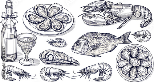 Seafood Extravaganza Hand-Drawn Oyster, Lobster, Fish and Wine