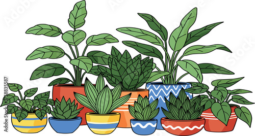 A charming collection of potted houseplants, featuring a variety of green foliage and colorful decorative pots, perfect for indoor decoration and gardening enthusiasts