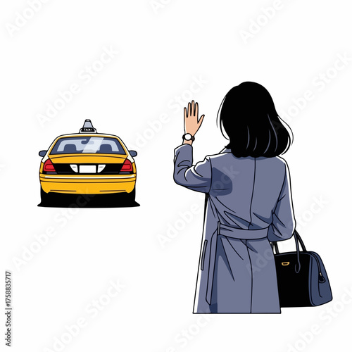 Yellow taxi service is ready to provide transportation to woman with shoulder bag. Yellow taxi stops for passenger to provide ride. Modern yellow taxi service for advertisement, marketing,