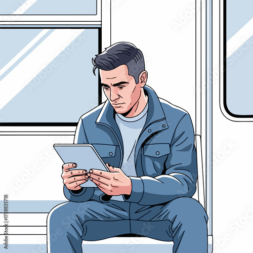 Man in subway looking at tablet, in light blue tones. Subway scene presents man on his daily commute reading tablet, showing digital interaction. Man in subway uses tablet for commuting,
