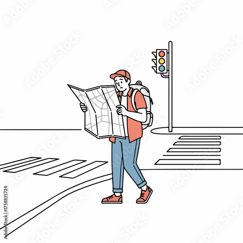 Tourist looking at map near crosswalk, tourist guide in urban area. Travel and exploration includes crosswalk exploration and figuring out directions near pedestrian crossing.