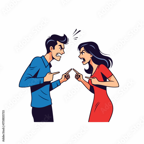 Relationship problems with angry man and upset woman, couple having a quarrel. Dealing with relationship problems shown by arguing couple on white background.