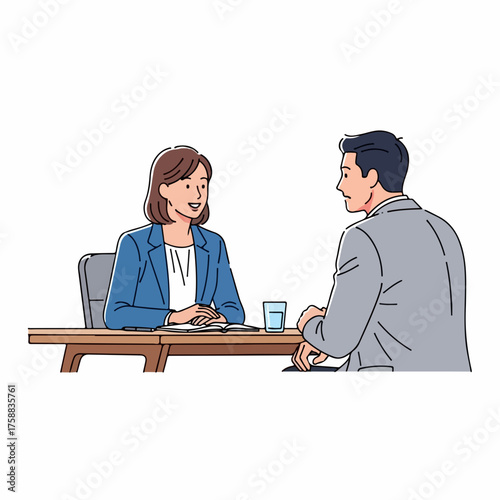 Job interview session featuring confident candidates in office setting. Job interview illustrates professional interaction between employer and applicant, emphasizing verbal communication.
