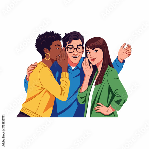 Group of people whispering secrets, sharing inside jokes, and gossiping in casual setting, all showcasing camaraderie.