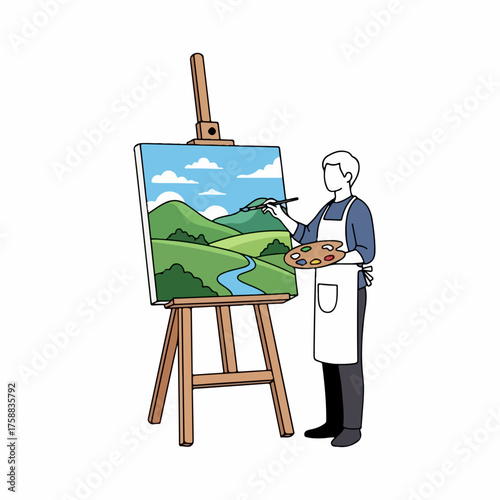 Painting artist with landscape painting on easel is seen on clean white backdrop. Landscape painting process includes holding palette and working with brush, creating outdoor scene with hills, river,