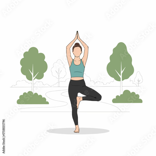 Yoga pose in park during a sunny day shown by faceless woman figure in tree pose. Yoga pose workout figure performing vrksasana to find inner peace and improve flexibility.