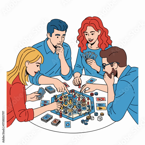 Playing board game with friends involves group of people enjoying strategic table game around hexagon tiles. Board game is recreational pursuit.