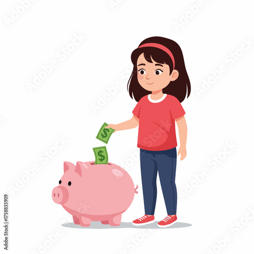 Young girl saving money depicted with piggy bank symbolizing financial growth. "Young girl saving money" and putting bills in piggy bank shows financial planning for future goals,