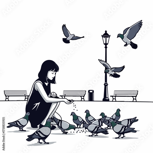 Girl feeds pigeons in city park, where she offers grains to these urban birds. Scene of a girl feeds pigeons near street lamp, where they can rest together in harmony.