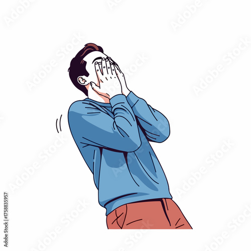 Frustrated man expressing disbelief with hands over face, overwhelmed with emotion. Frustrated man depicts anxiety, emotional turmoil, and mental distress in simple illustration.