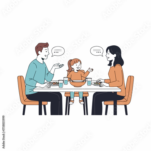 Family dinner at home shows parents and daughter sharing food and conversation around table. During family dinner time, members happily enjoy their togetherness and communication.