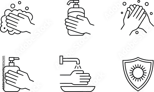 Icon set vector art of hygiene icons showing hand washing and protection