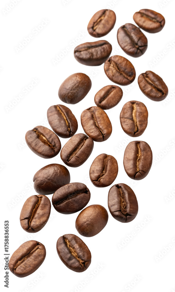 Obraz premium A scattering of roasted coffee beans isolated on transparent background