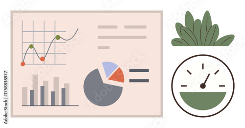 Bar chart, line graph, pie chart, and speedometer near plant illustration convey statistical trends, metrics, evaluation, performance, and sustainability. Ideal for analytics finance business