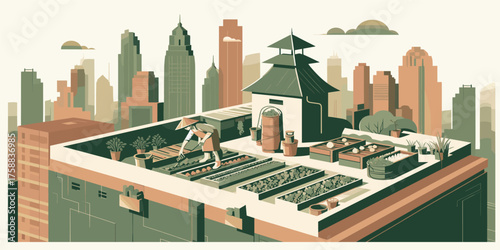 Vision of a sustainable future with a lush rooftop vegetable garden overlooking a modern city skyline, promoting urban farming and green living