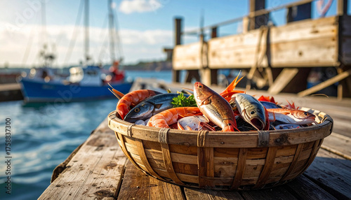 Fisherman’s catch display, ocean dock setting, ad layout