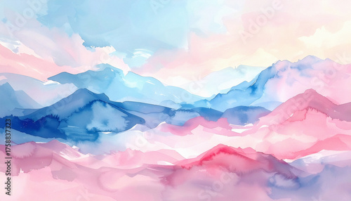Watercolor painting showing abstract mountain landscape