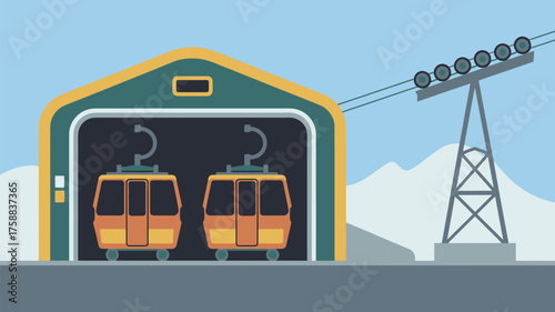 Two yellow gondolas inside a green and yellow building with a ski lift tower in the background sky