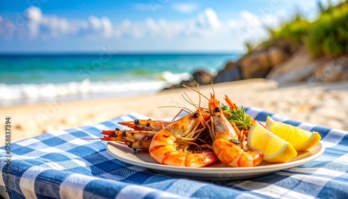 Grilled prawns and lemon wedges on picnic cloth, beach scene, text space