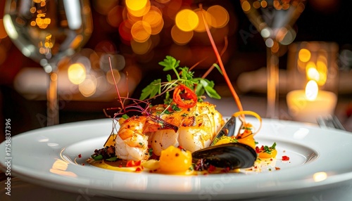 Gourmet seafood dish in fine dining setting, elegant lighting, text area