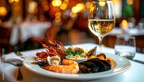 Seafood platter with white wine glass, cozy restaurant ambiance