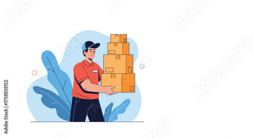 A delivery person carries a stack of boxes during an illustration of delivery.