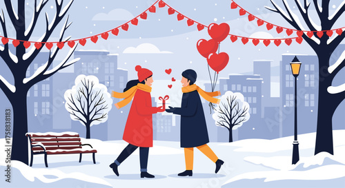 A couple exchanging gifts on a snowy day in the park.