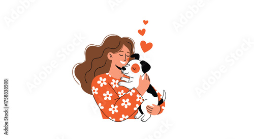 A happy girl hugging her beloved pet dog with love hearts floating above them.