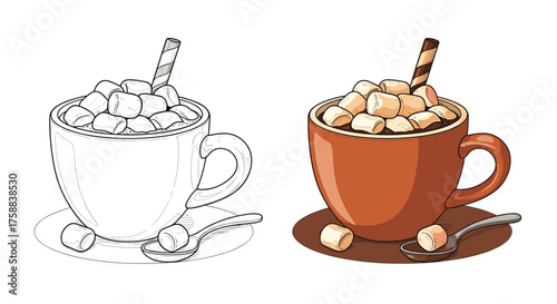 A warm cup of hot chocolate topped with marshmallows and a wafer stick.