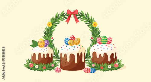 Three decorated easter cakes with colorful eggs and festive wreath.