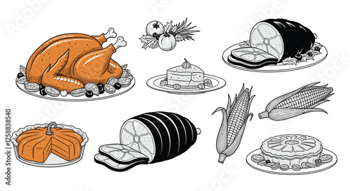 A festive spread of holiday foods including roast turkey and various side dishes.