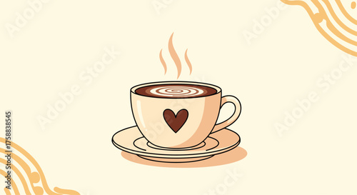 A warm cup of coffee with a heart drawing and steam coming out.