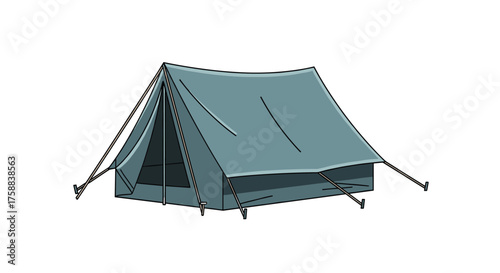 A gray canvas camping tent with poles and guy ropes.