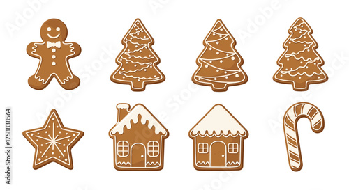 Collection of festive gingerbread cookies including trees and houses.