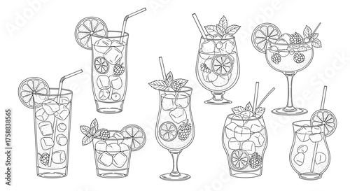 An assortment of refreshing iced beverages with citrus slices and garnishes.