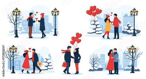 Romantic couples sharing moments in a snowy winter cityscape.