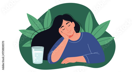 A young woman rests her head on her hand with her eyes closed near a glass of water.