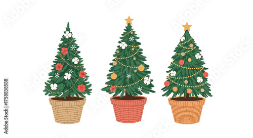 Three festive christmas trees decorated with ornaments.
