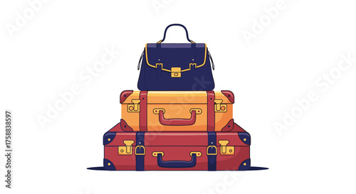 A stack of vintage luggage on a white background.