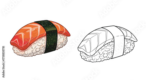 Two pieces of sushi one is colored salmon nigiri and the other is a black and white outline.