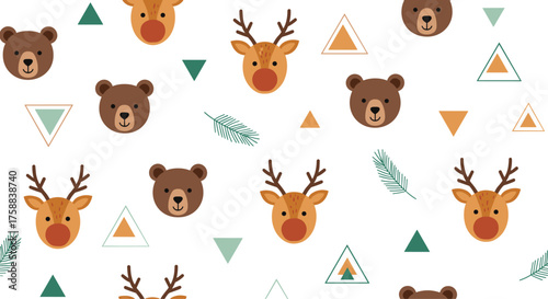Cute woodland creatures and geometric patterns in a whimsical design.