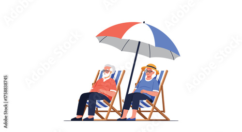 Elderly couple relaxing on beach chairs under an umbrella.