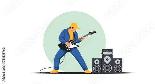 A musician in a blue uniform plays a guitar with amplifiers.