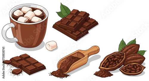Rich dark chocolate and cocoa beans depicted with marshmallows and a mug.