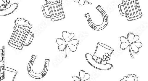 A festive st patrick's day pattern with shamrocks and beer mugs.