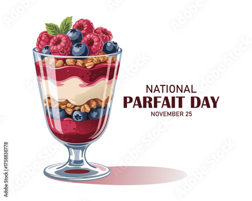 National Parfait Day layered berry parfait in a clear glass, with Greek yogurt, fresh blueberries, raspberries, and granola, against a pastel blue background November 25