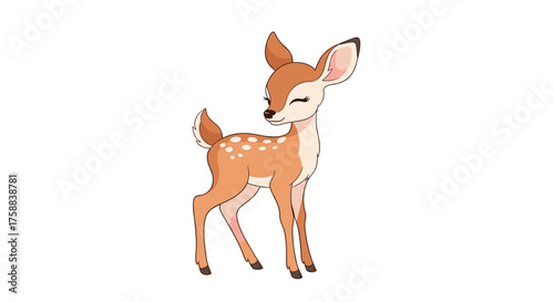 A cute young deer with white spots standing in a forest.