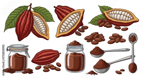 Delicious cocoa beans and chocolate products are displayed.
