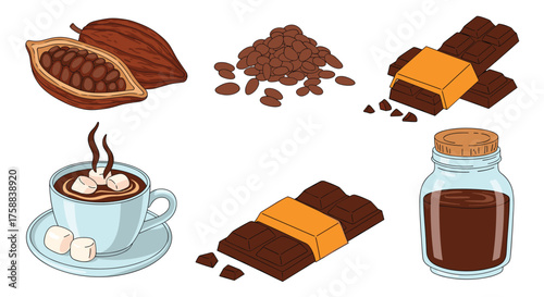 Delicious cocoa bean products and hot chocolate drink.