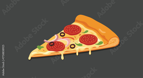 A delicious slice of pizza with pepperoni onions and olives.